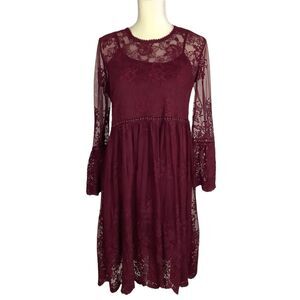 Burgundy Red Sheer Dress Mesh Floral Lace Long Bell Sleeve Flowy Women S Romance